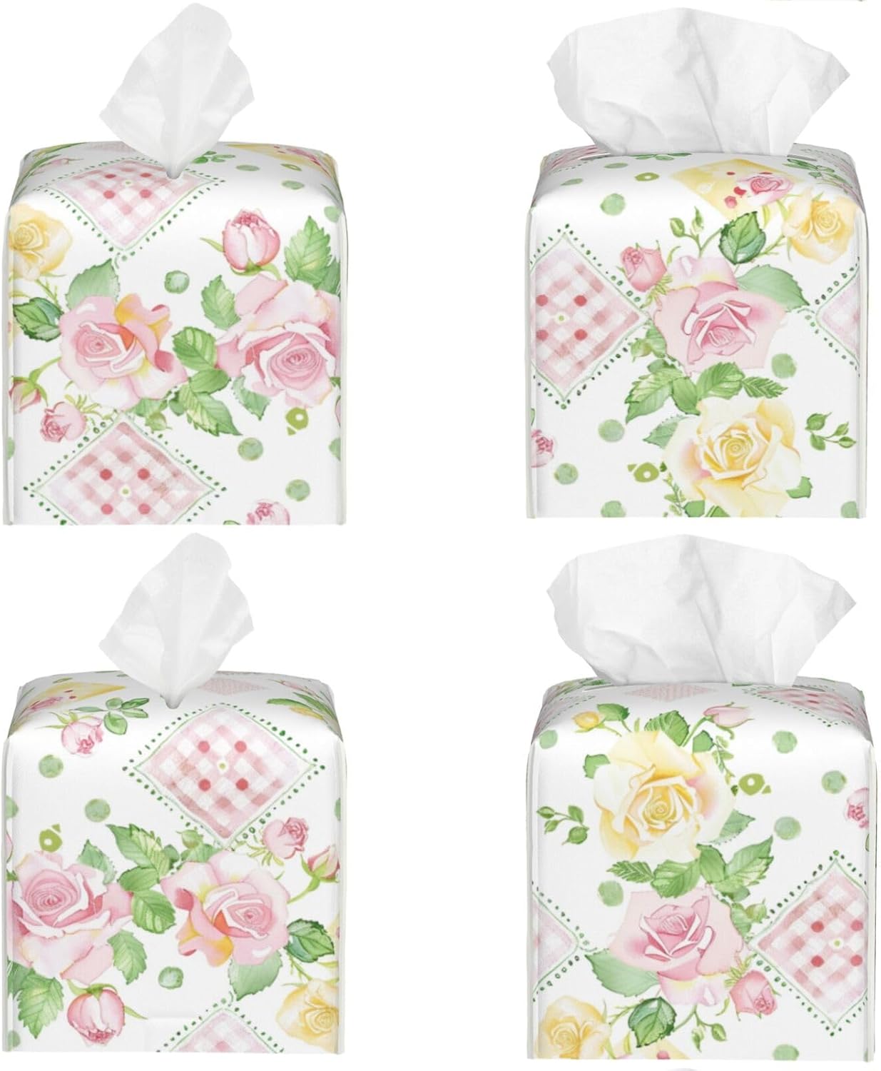 Famame Pink Yellow Roses Gingham Tissue Box Cover Leather Decorative Square Tissue Cube Boxes Holder with Bottom Belt Case Organizer for Bathroom Home Car Decor