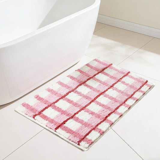 Checkered Bath Mat, Pink and White Absorbent Fluffy Bathroom Rugs, Funny Bathroom Mat Quick Dry with Anti Slip Backing, Floor Carpet for Bathroom Bedroom Home Decoration, 20x31 inches (Pink)