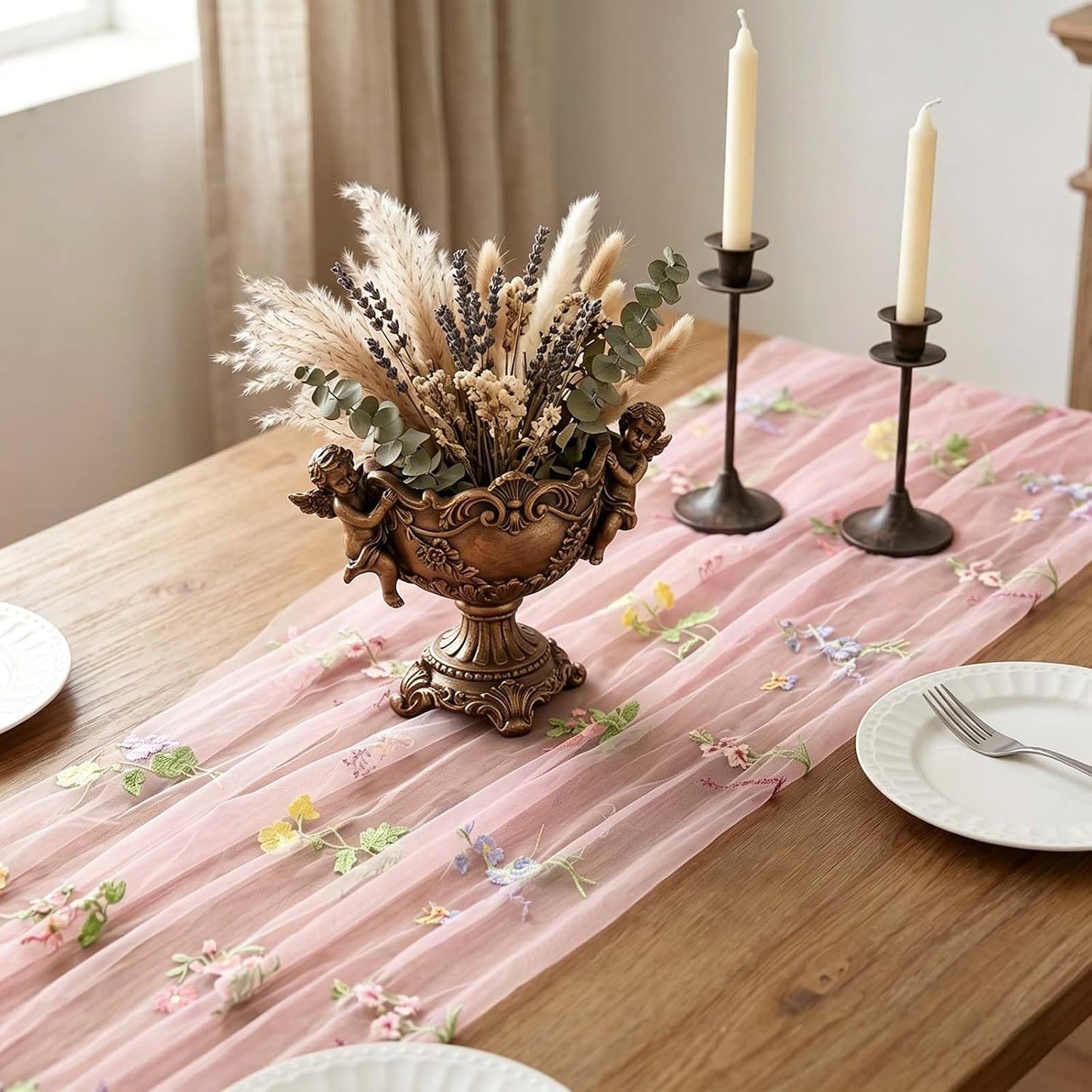 Pink Floral Table Runner 10ft Embroidery Tulle Spring Wildflower Table Runner Seasonal Summer Butterfly Kitchen Dining Gauze Decoration for Baby Shower Wedding Party Birthday (1 Pcs)
