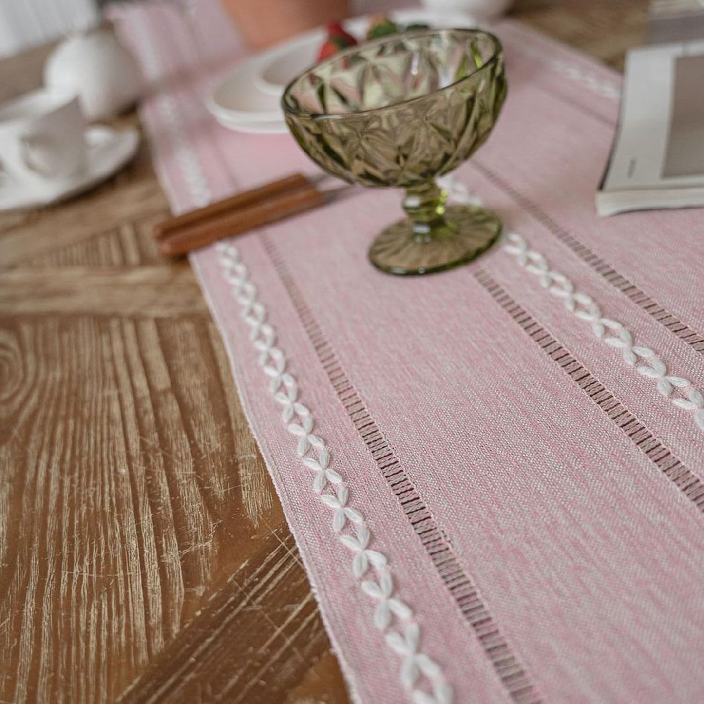 Niviy Table Runners 90 Inches Long with Tassels - Gifts for Her, Pink Boho Embroidered Table Runner Farmhouse Rustic Linen Runners for Wedding Party Baby Shower Home Decor (Pink, 12"×90")