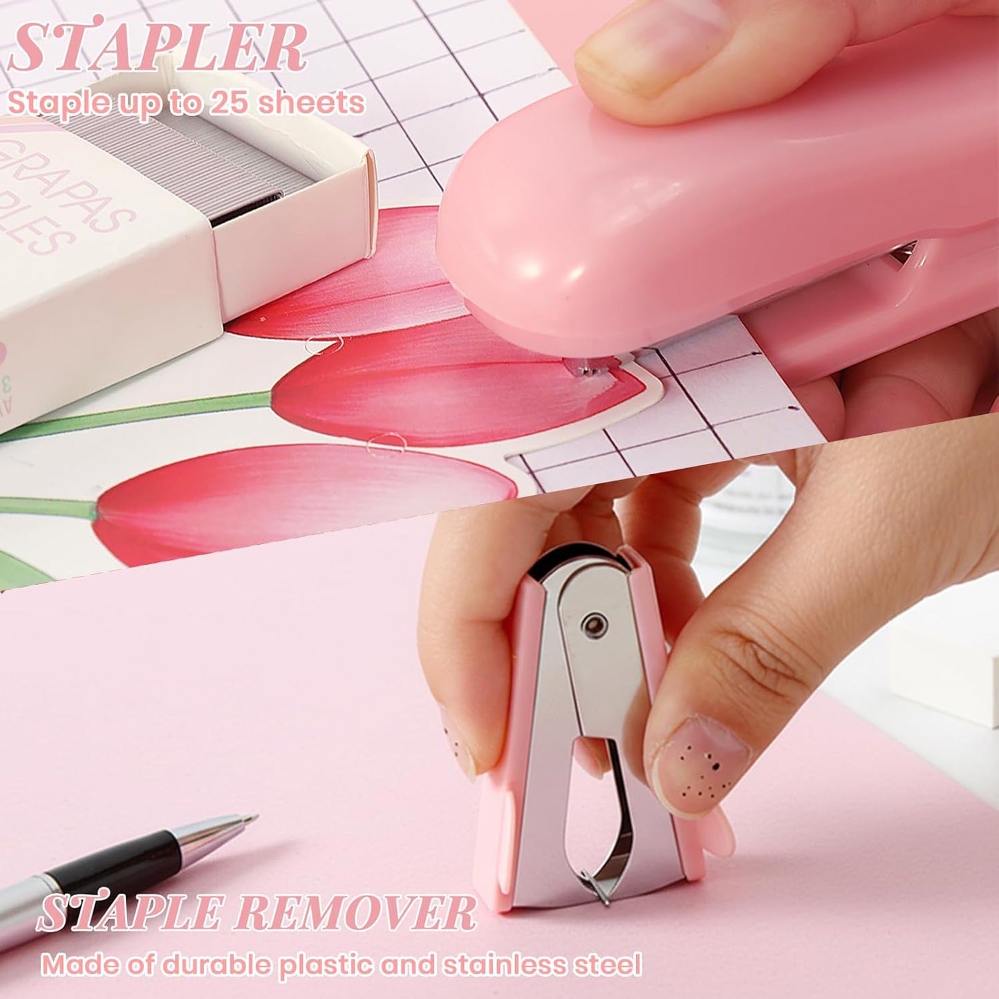 Pink Desk Accessories, 11Pcs Desk Organizer with 360°Rotating Pen Holder, Stapler, Staples, Staple Remover, Pen, Ruler, Tape Dispenser, Tape, Clips, Scissor, Notes, Office Supplies