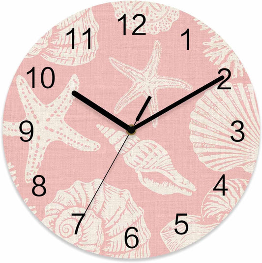 Ocean World Wall Clock Battery Operated Non-Ticking 10" Round Wood Clocks, Watercolor Peach Pink Shell Conch Coral Linen Kitchen Wall Clock for School Bathroom Living Room Home Office Wall Decor