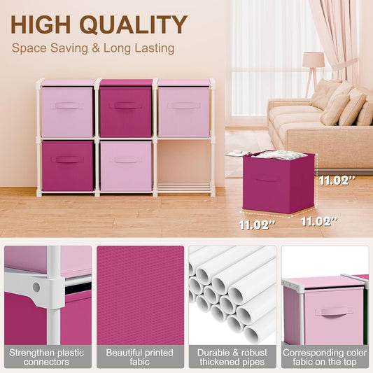 Briwooody 6 Cube Storage Organizer Bins with Shelf 11x11 Cabinet Drawer Dresser Closet Organizer and Storage Fabric Toy Boxes for Nursery Playroom Back to School Dorm for Clothes (Pink,Rose)