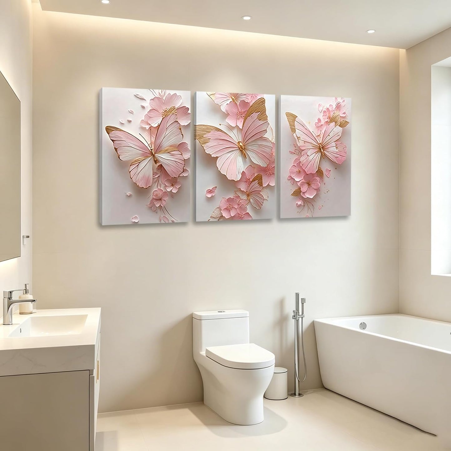 3 Pcs Pink Butterfly Floral Canvas Wall Art, Pink and Gold Room Wall Decor, HotPink Flower Painting Poster, Aesthetic Butterfly Picture for Grils Room Living Room Bathroom Bedroom Home Decorations 12 * 16 in (Stretched Canvas on A Wooden Frame)