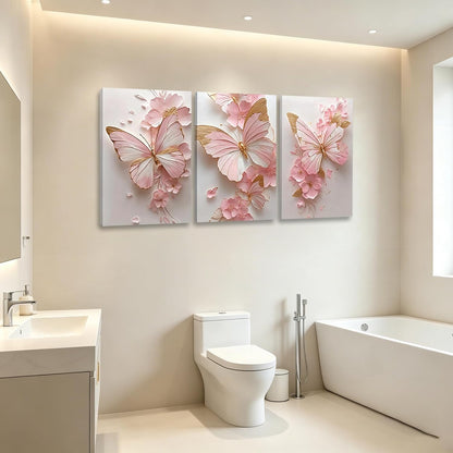 3 Pcs Pink Butterfly Floral Canvas Wall Art, Pink and Gold Room Wall Decor, HotPink Flower Painting Poster, Aesthetic Butterfly Picture for Grils Room Living Room Bathroom Bedroom Home Decorations 12 * 16 in (Stretched Canvas on A Wooden Frame)