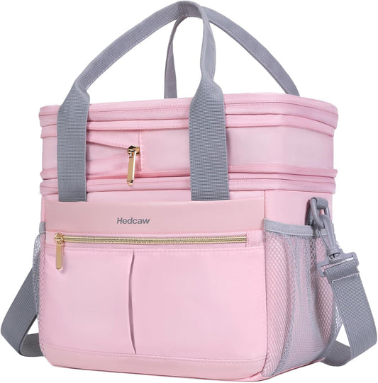 Lunch Box for Women Double Deck Insulated Lunch Bag Women Expandable Leakproof Reusable Lunch Cooler Bag for Work, Office, Picnic, Pink