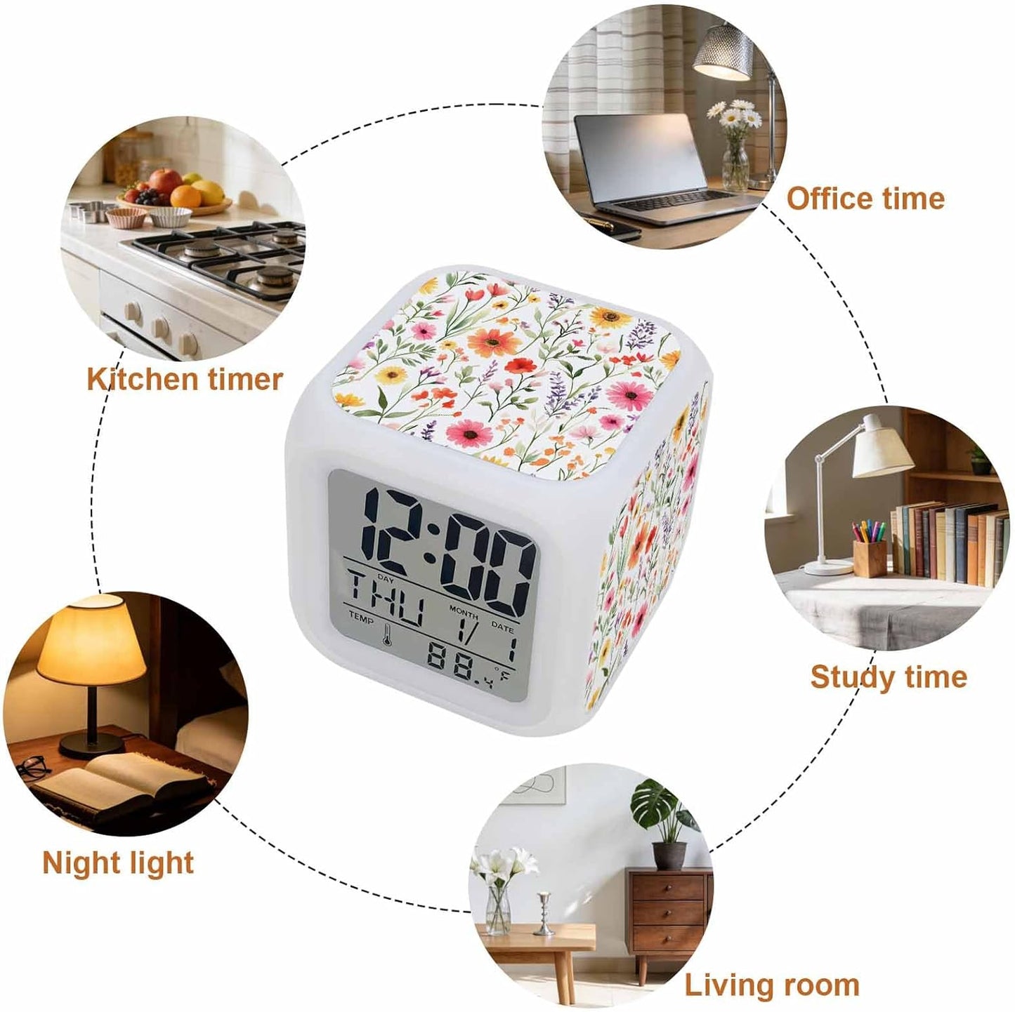 Spring Floral Alarm Clock, Pink Yellow Wildflowers Watercolor Botanical Digital Clock Night Light with 7 Color, Calendar Temperature Display, NightLight Clock for Bedroom, 3.2x3.2in