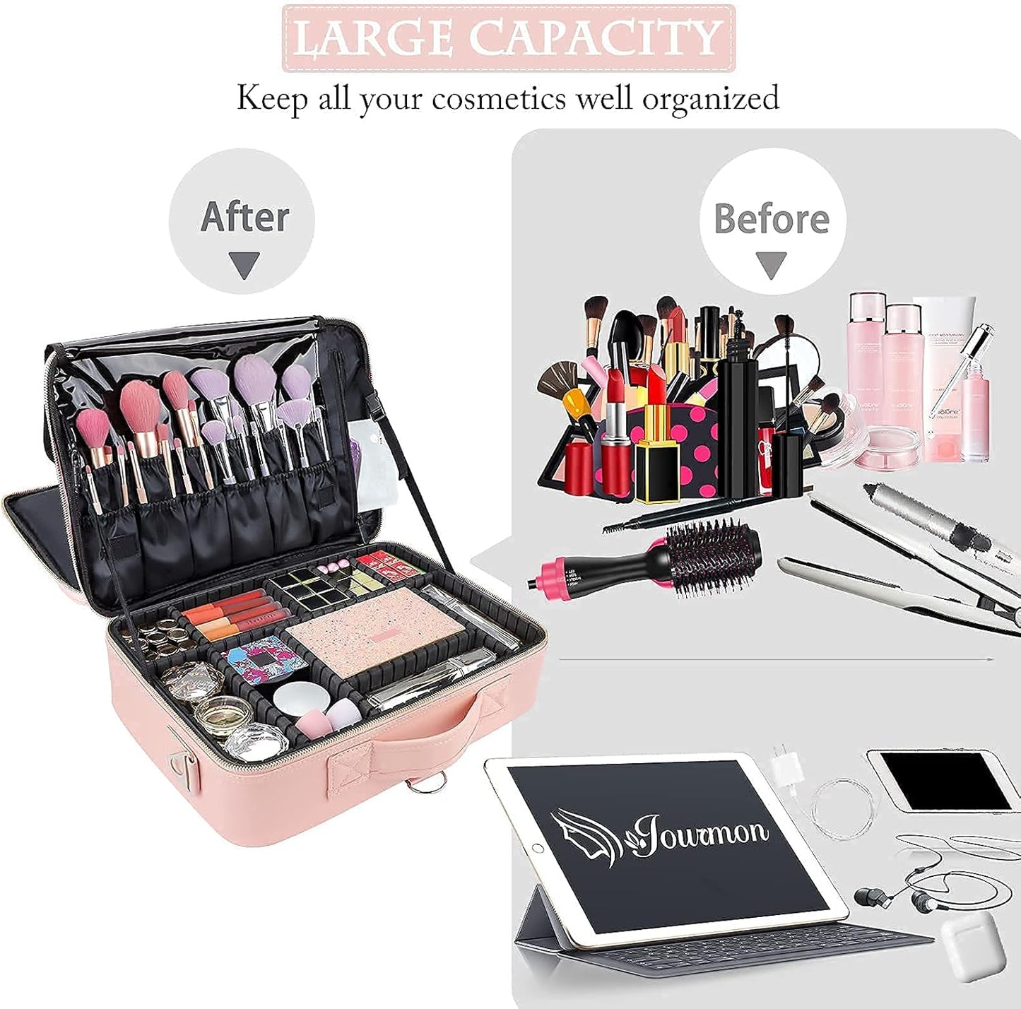 Travel Makeup Train Case,Large Capacity Cosmetic Bags for Women,Portable Makeup Bag Organizer with Adjustable Dividers & Shoulder Strap(Pink, L)