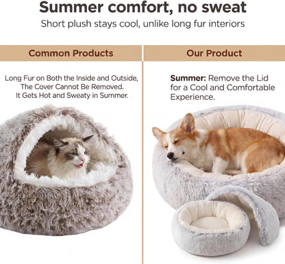 Cozy Zipper Convertible Cat Bed Cave, 2 in 1 Round Plush Donut Dog Bed with Removable Hood, Warm Fuzzy Enclosed Pet Nest Bed for Small Dogs Kittens, Machine Washable (Pink, 19.7 in Small Size)