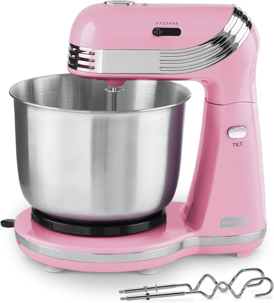Dash Everyday Stand Mixer - Compact Tilt-Head Stand Mixer for Everyday Recipes - 6-Speed Power with Stainless Steel Bowl - Pink, 3-Quart
