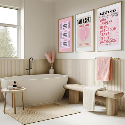 PAINURA Funny Pink Bathroom Wall Art Set of 3 Take a Seat Sweet Cheeks Poster Peach Bathroom Wall Decor Retro Guest Room Prints Girly Aesthetic Preppy Fruit Restroom Pictures 12x16 Inch Unframed