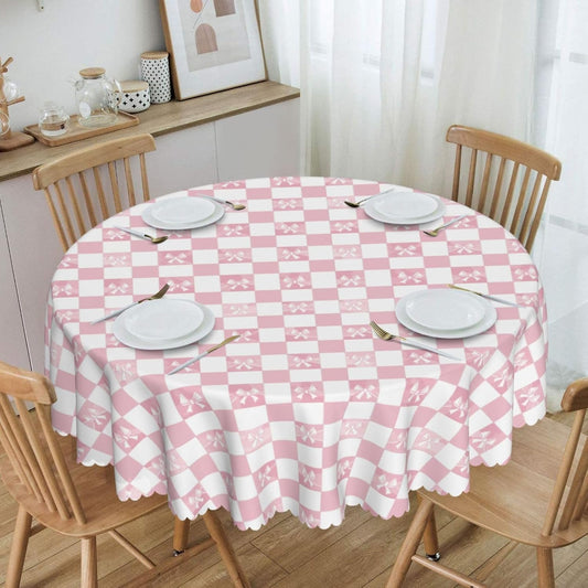 Tablecloth Pink Check Bow Pattern Round 60 x 60 Inch Table Cover Polyester Stain and Wrinkle Resistant Table Cloth for Kitchen Dining Coffee Party