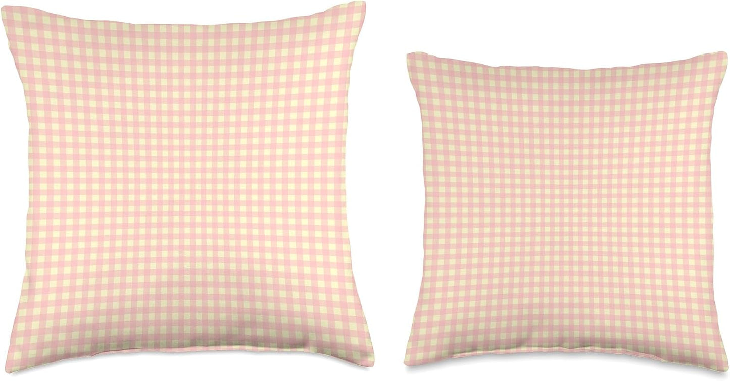 Cute Light Pink Yellow Gingham Check Plaid Checkered Pattern Throw Pillow