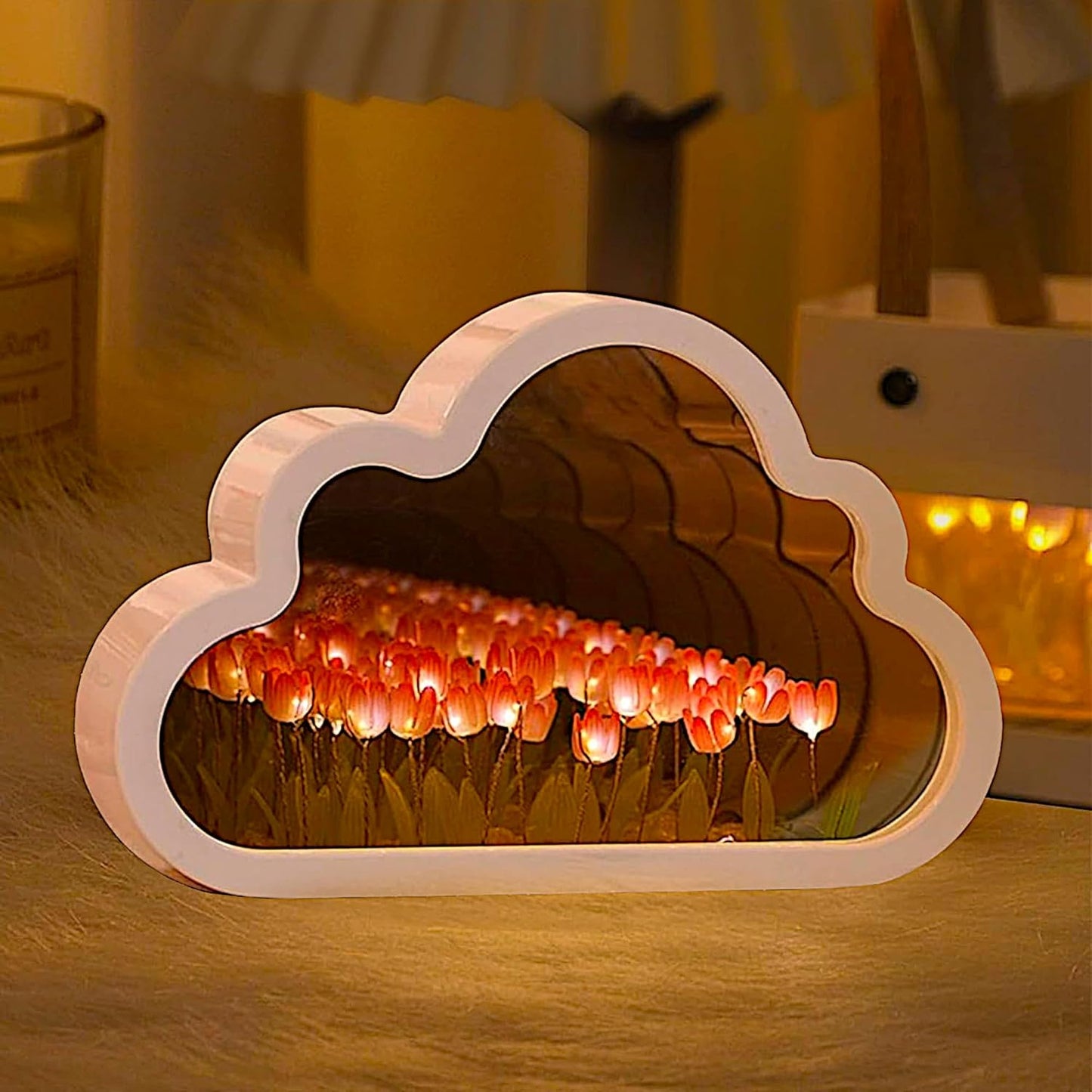 Handmade Tulip Lamp Fully Assembled - Flower Night Light Cuteness Lamps - Tulip and Rose Infinity Mirror in a Glass - Gift for Women or Girl - Lampara de Tulipanes Infinitos (Pink, AA)