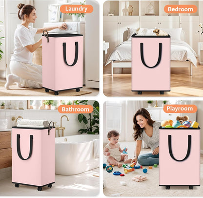 SpaceTrove Laundry Basket with Wheels, Collapsible Laundry Baskets, Laundry Hamper with Handles Detachable Wheels, Rolling Laundry Basket, Dirty Clothes Hamper for Bathroom, Dorm, Bedroom, Pink, 100L