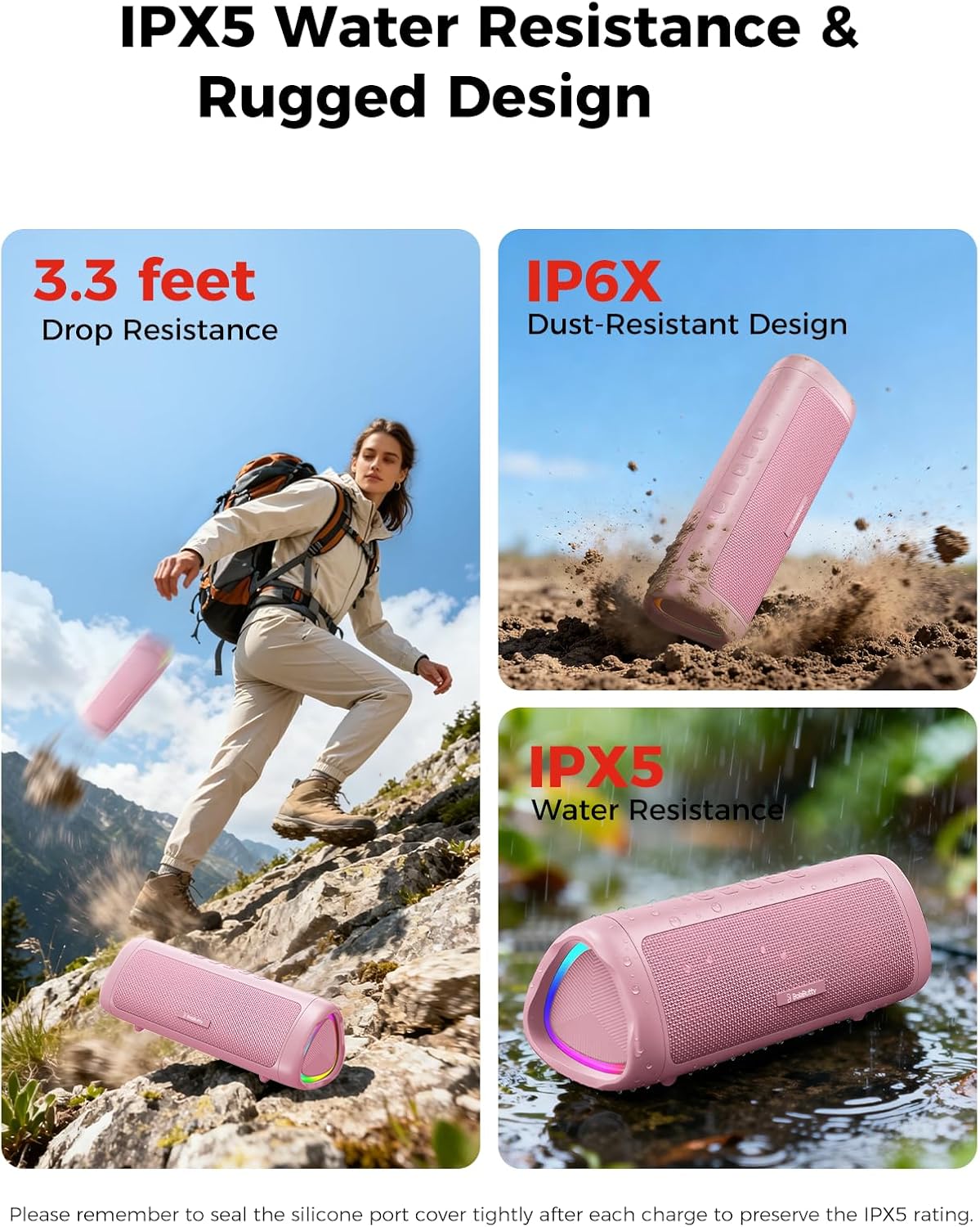 Bluetooth Speaker, 20W HD Sound, Portable Wireless, IPX5 Waterproof, Up to 24H Playtime, TWS, for Home/Party/Outdoor/Camping/Beach Essentials, Birthday Gift for Fathers Day Men Dad Husband (Pink)