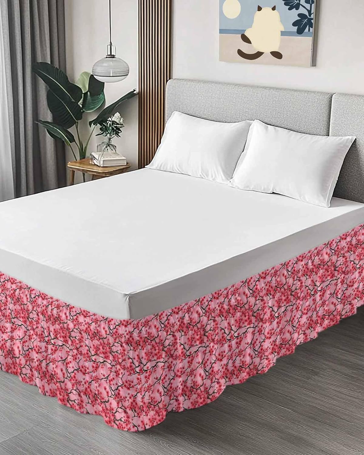 Chinese Flowers Bed Skirt Queen Size 16 Inch Drop, Wrap Around Bed Skirts, Spring Pink Peach Blossoms Floral Elastic Bedskirt Pleated Bed Frame Cover Luxurious Dust Ruffle for Queen Bed
