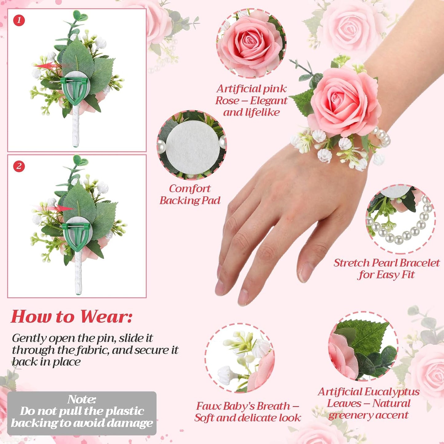Canlierr 6 Pcs Rose Corsage and Boutonniere Set for Men Women Bride Bridesmaids Rose Wrist Corsages Bracelets Artificial Boutonniere for Wedding Party Suit Flower Accessories(Pink)