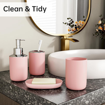 Fun Memories Bathroom Accessories Set 6 Piece Bath Ensemble Includes Toothbrush Holder, Soap Dispenser for Decorative Countertop and Housewarming Gift, Pink