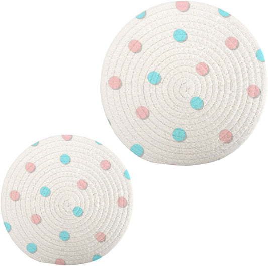 Cotton Trivets Mats 2 Pcs, Light Pink Polka Dot Pure Cotton Weave Trivets for Hot Pots and Pans, Pure Stylish Coasters Home Essentials for Table Counter Cooking