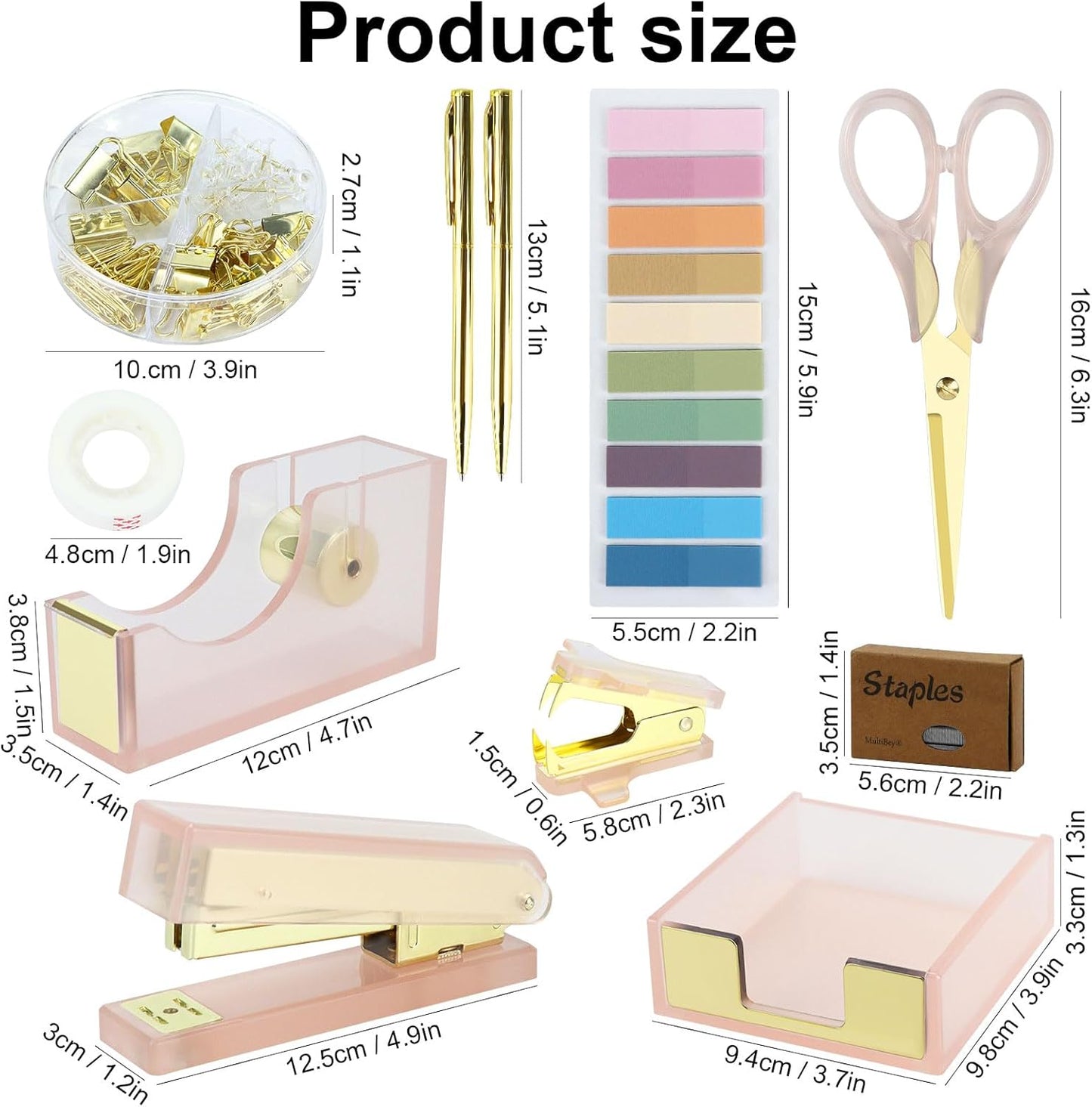 Buqoo Pink Gold Acrylic Office Set 11 in 1 - Desk Essentials with Stapler, Tape Dispenser, Staple Remover, Scissor & More - Office Supplies Kit for Women, Teachers, School & Home