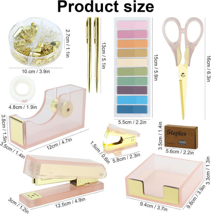 Buqoo Pink Gold Acrylic Office Set 11 in 1 - Desk Essentials with Stapler, Tape Dispenser, Staple Remover, Scissor & More - Office Supplies Kit for Women, Teachers, School & Home