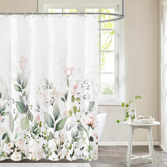 Tititex Blomming Bright Blush Pink White Floral Shower Curtain, Watercolor Green Leaves Plant Bathroom Decoration Shower Curtain Sets 71x71 Inch with Hooks