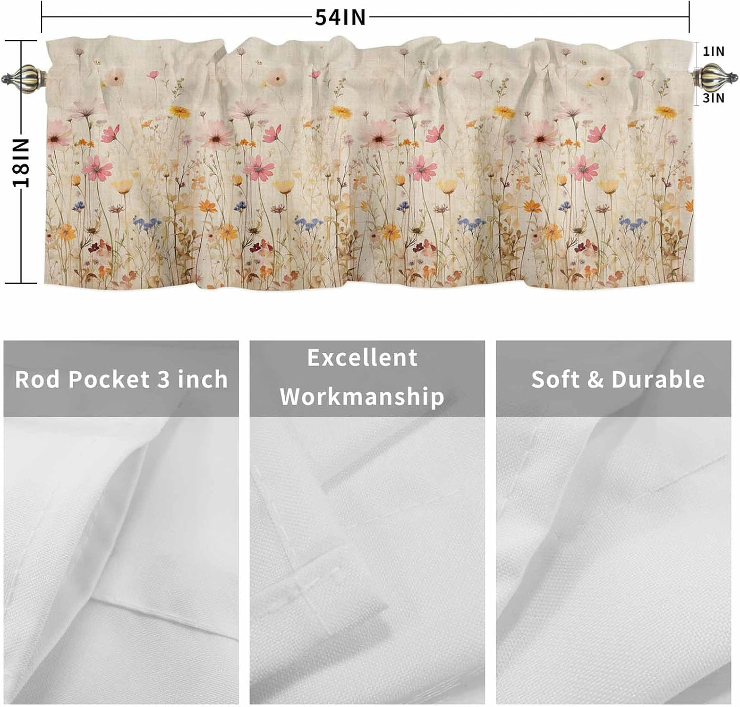 Yellow Pink Floral Valances Window Treatment Farmhouse Decor, Elegant Pastoral Spring Flower Pastoral Rod Pocket Valance Curtains for Living Room, Bedroom, Kitchen, 54" W x 18" L - 1 Panel