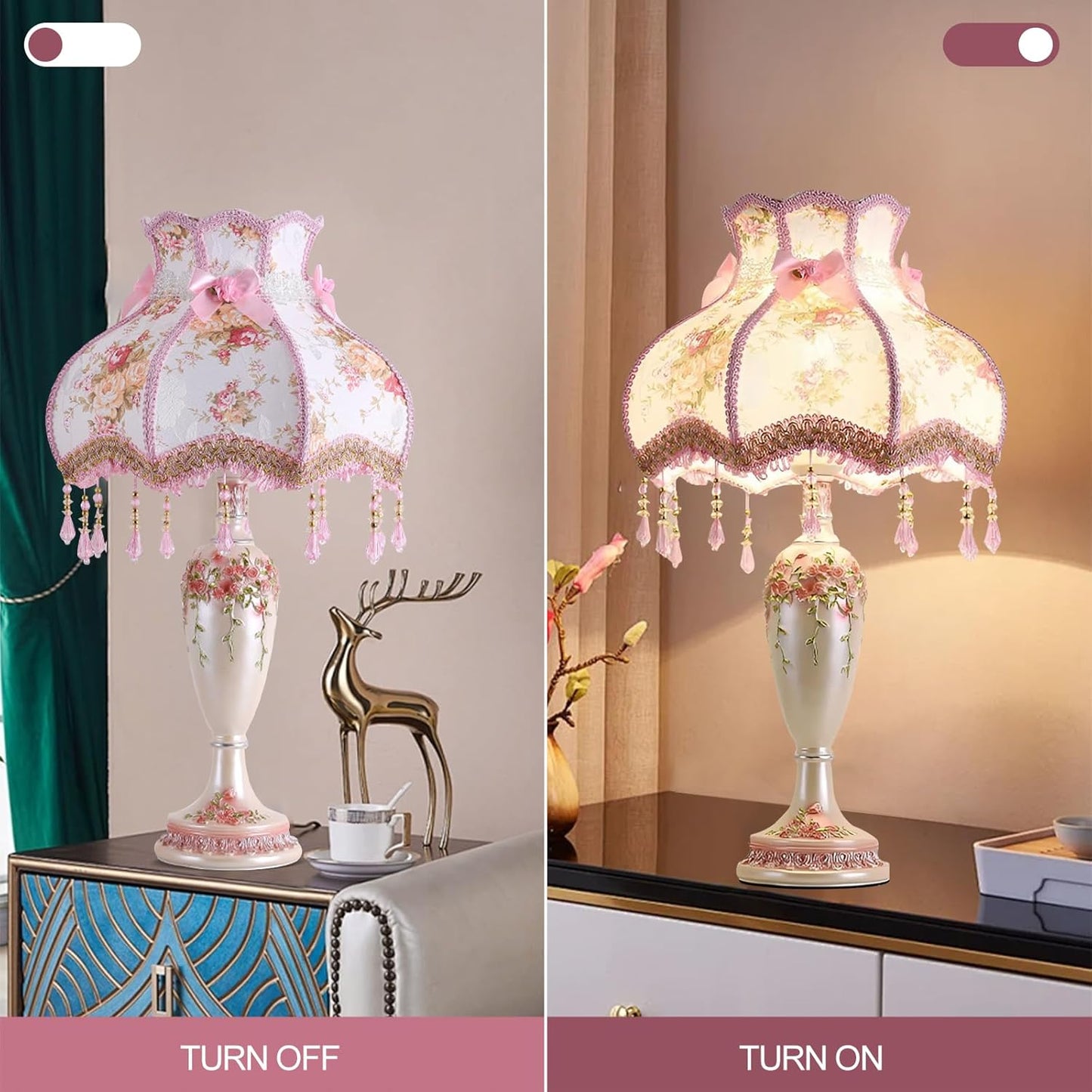 Pink Victorian Table Lamp, Antique Flower Decor Button Switch Bedside Lamp, Resin Base Desk Lamps for Living Room Bedroom Office, Handmade Fabric Table Lamps