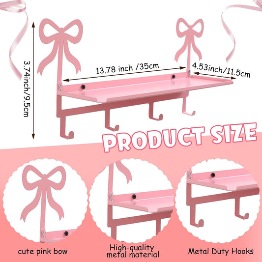 Wall Hooks with Shelf Pink Bow Key Holder Metal Coat Clothes Rack Wall-Mounted Entryway Hanging Shelves with 5 Metal Hooks Cute Coquettish Room Wall Decor for Nursery Room Bedroom Kitchen