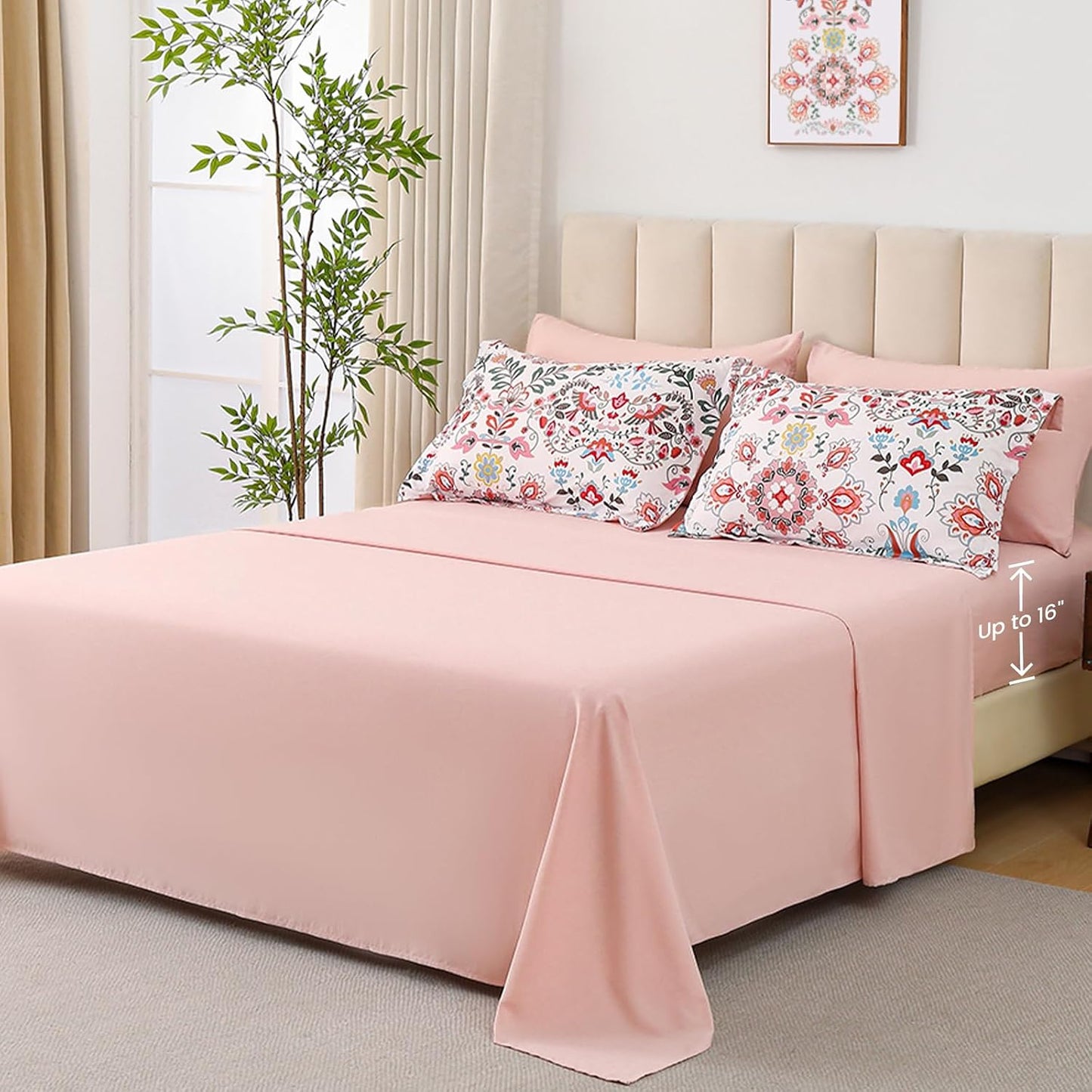 DHSFKBE Boho Comforter Set Queen - 7 Pieces Bed in a Bag Floral Design, Bohemian Comforter Set with Sheets, Soft Microfiber Complete Bedding Sets All Season (Light Pink, Queen)
