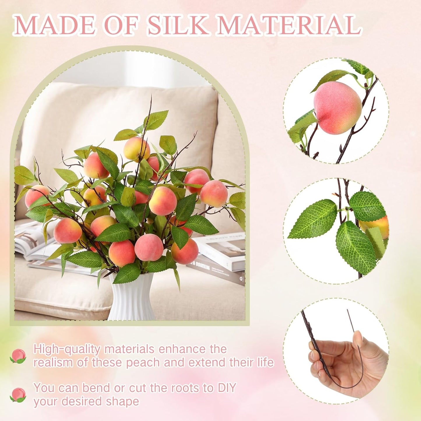 Daifunli 10 Pcs Artificial Peach Branches Realistic Artificial Peach Fruits with Green Leaves Simulation Branches Decoration for Vase Home Party Decoration (2 Peaches,14.96 Inch)