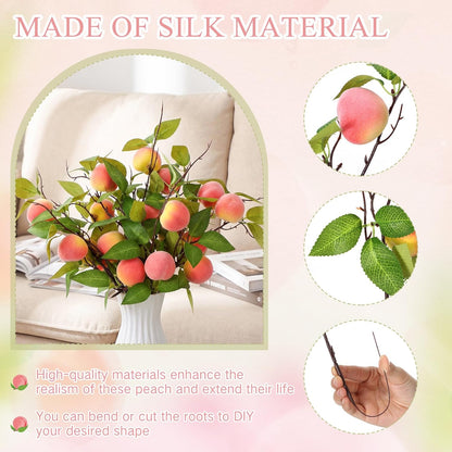Daifunli 10 Pcs Artificial Peach Branches Realistic Artificial Peach Fruits with Green Leaves Simulation Branches Decoration for Vase Home Party Decoration (2 Peaches,14.96 Inch)