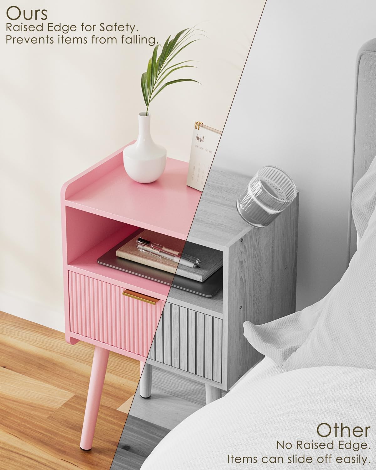 Night Stand, Modern Side Table, Small Nightstand, Wood Bedside Table with Storage Drawer End Table for Bedroom,Living Room,Office, Pink