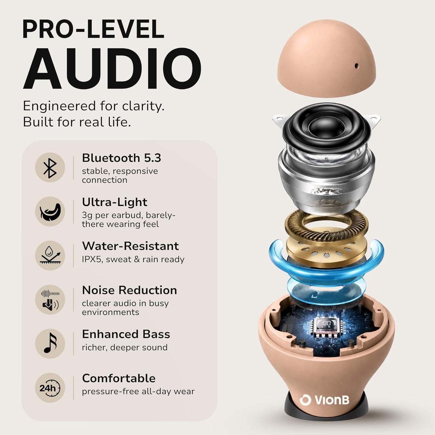 Air Skin Tones Invisible Earbuds for Small Ears - Wireless Bluetooth 5.4, Skin-Matching Mini Stemless Ear Buds, IPX5 Waterproof, ENC Noise Cancelling (Bare Peach)