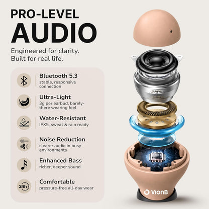 Air Skin Tones Invisible Earbuds for Small Ears - Wireless Bluetooth 5.4, Skin-Matching Mini Stemless Ear Buds, IPX5 Waterproof, ENC Noise Cancelling (Bare Peach)
