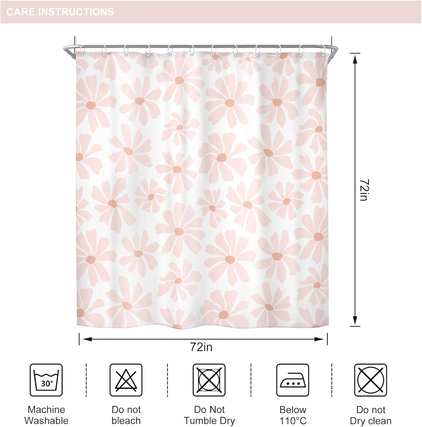 Riyidecor Blush Pink Floral Shower Curtain Cute Daisy Kids Boho Spring Flower Girly Girls Retro Y2K Lovely Pastel 72Wx72H Inch Aesthetic Fabric Decor Bathroom Polyester Waterproof 12 Pack Hooks