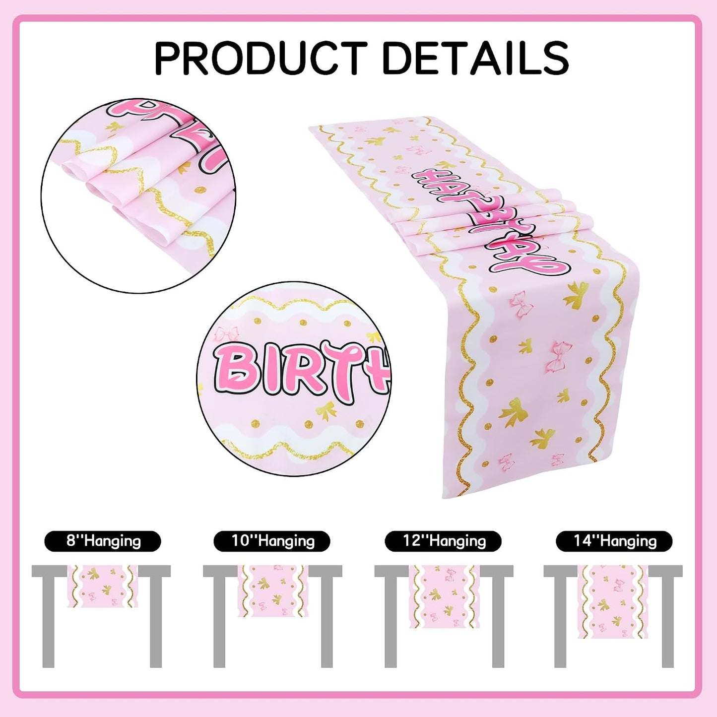 Happy Birthday Table Runner, Pink Gold Bow Polyester Fabric Kitchen Dining Table Decoration for Home Party Decoration, 13x72 Inch