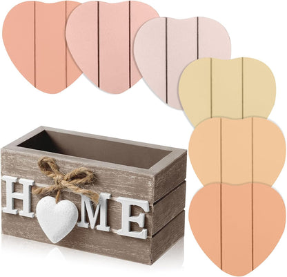 Patelai Set of 6 Wooden Heart Coasters House Warming Gifts New Home White Elephant Gifts for Adults Funny Farmhouse Coasters with Holder for Coffee Table Protection Decoration(Home,Warm Pink)