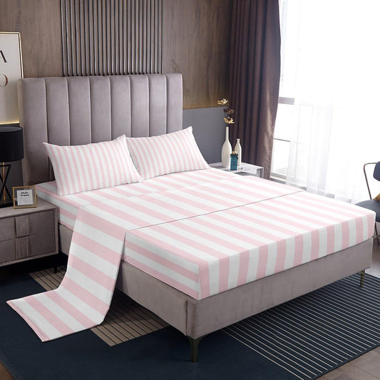 Feelyou White Pink Striped Bed Sheets Set Full Size Striped Deep Pocket Fitted Sheet Geometric Bedding Sets Basic Simple Soft Bed Set 4Pcs with 2 Pillow Cases