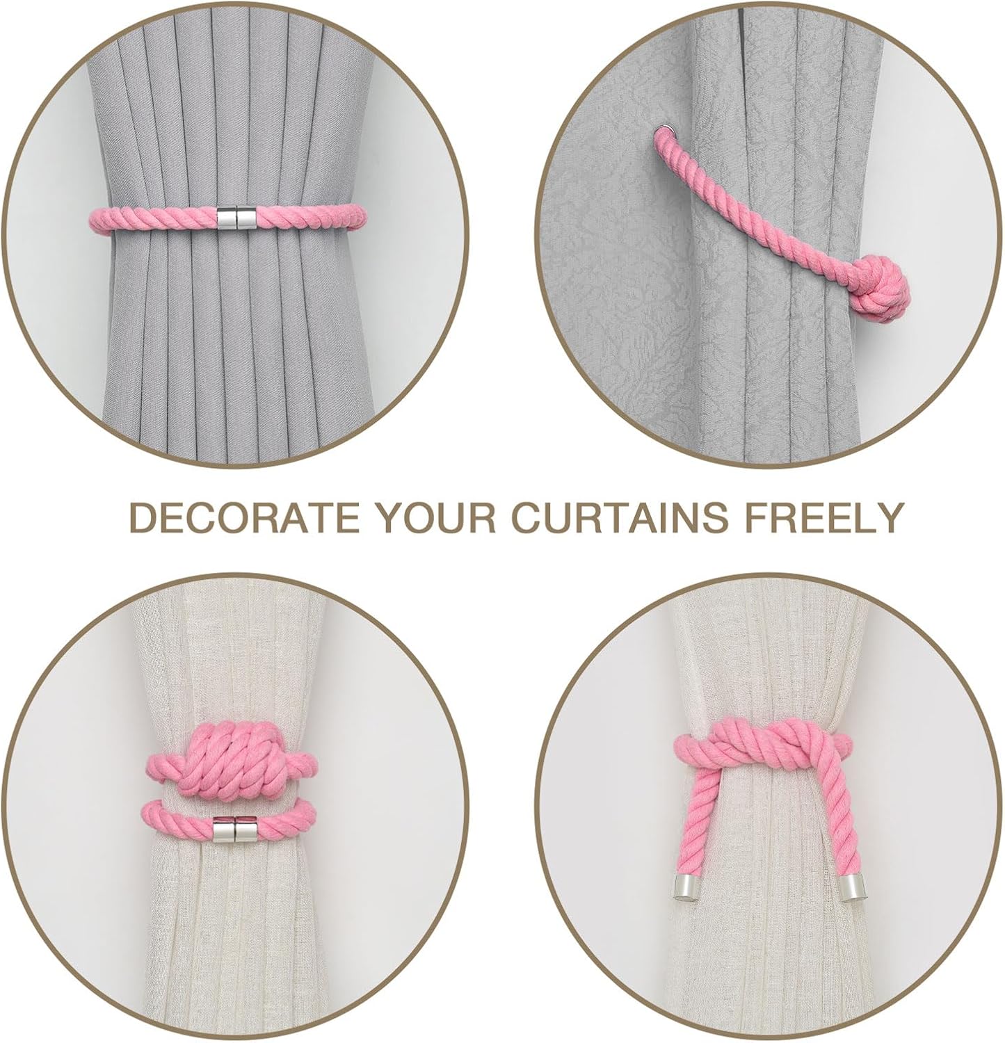 NICEEC 2 Pack Natural Cotton Rope Magnetic Curtain Tiebacks Boho Simple Style Drape Tie Backs Elegant Hand Weave Rope Knot Decorative Curtain Holdbacks for Home & Office Window Drapery (Pink)
