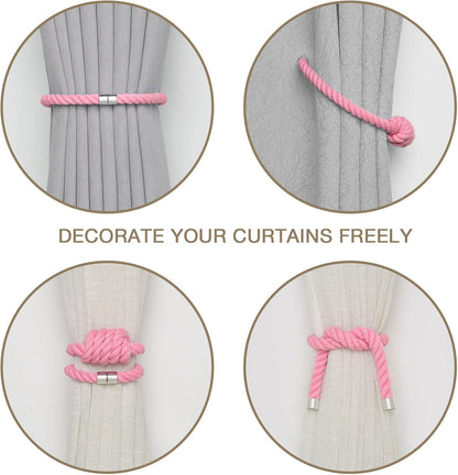 NICEEC 2 Pack Natural Cotton Rope Magnetic Curtain Tiebacks Boho Simple Style Drape Tie Backs Elegant Hand Weave Rope Knot Decorative Curtain Holdbacks for Home & Office Window Drapery (Pink)