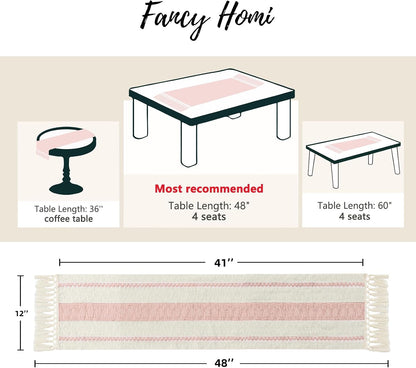 Fancy Homi Pink Table Runner 48 Inches Long Boho Macrame Table Runner for Home Decor, Farmhouse Table Runners with Tassels for Party Bohemian Rustic Bridal Shower Dining Decor 12x48 Inches