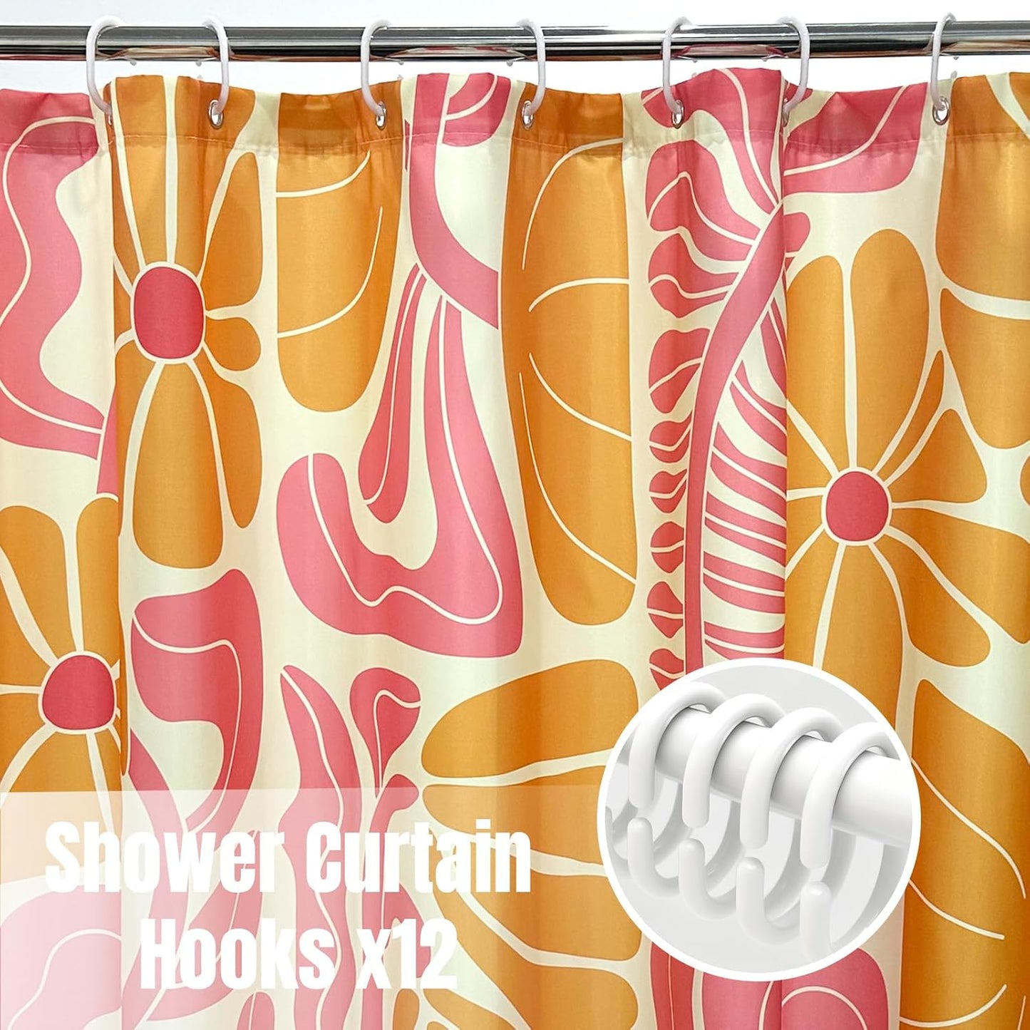 Abstract Geometric Floral Shower Curtain, Cute Orange and Pink Boho Floral Pattern, Waterproof Polyester Fabric Shower Curtains Sets with Hooks for Bathroom 72x72 Inches