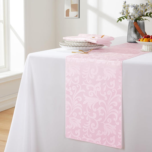 12 Packs Damask Light Pink Satin Table Runner 12 x 108Inch Light Pink Table Runners for Birthday Wedding Bachelorette Baby Shower Party Table Decorations Supplies