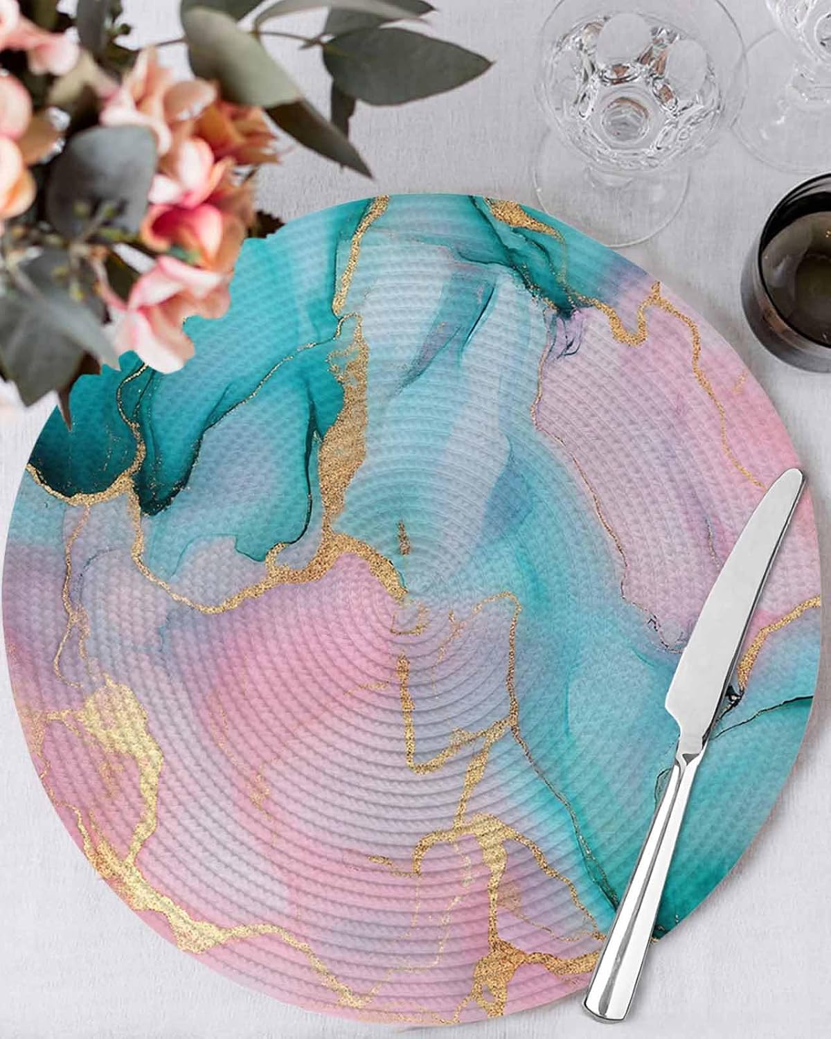 Teal Pink Marble Round Placemats Set of 2 Abstract Ink Painting Modern Luxury Place Mats Indoor Woven Table Mats Washable Heat-Resistance Braided Dining Table Placemats for Kitchen Holiday 15 Inch