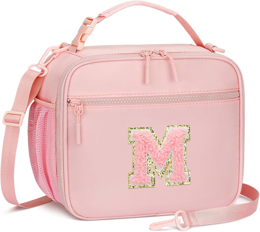 Kids Initial Lunch Bag, Reusable Insulated Lunch Box for Girls Toddlers, Back to School Gift, Leak-proof Cooler Bag for School Daycare Travel Picnic, Pink-M