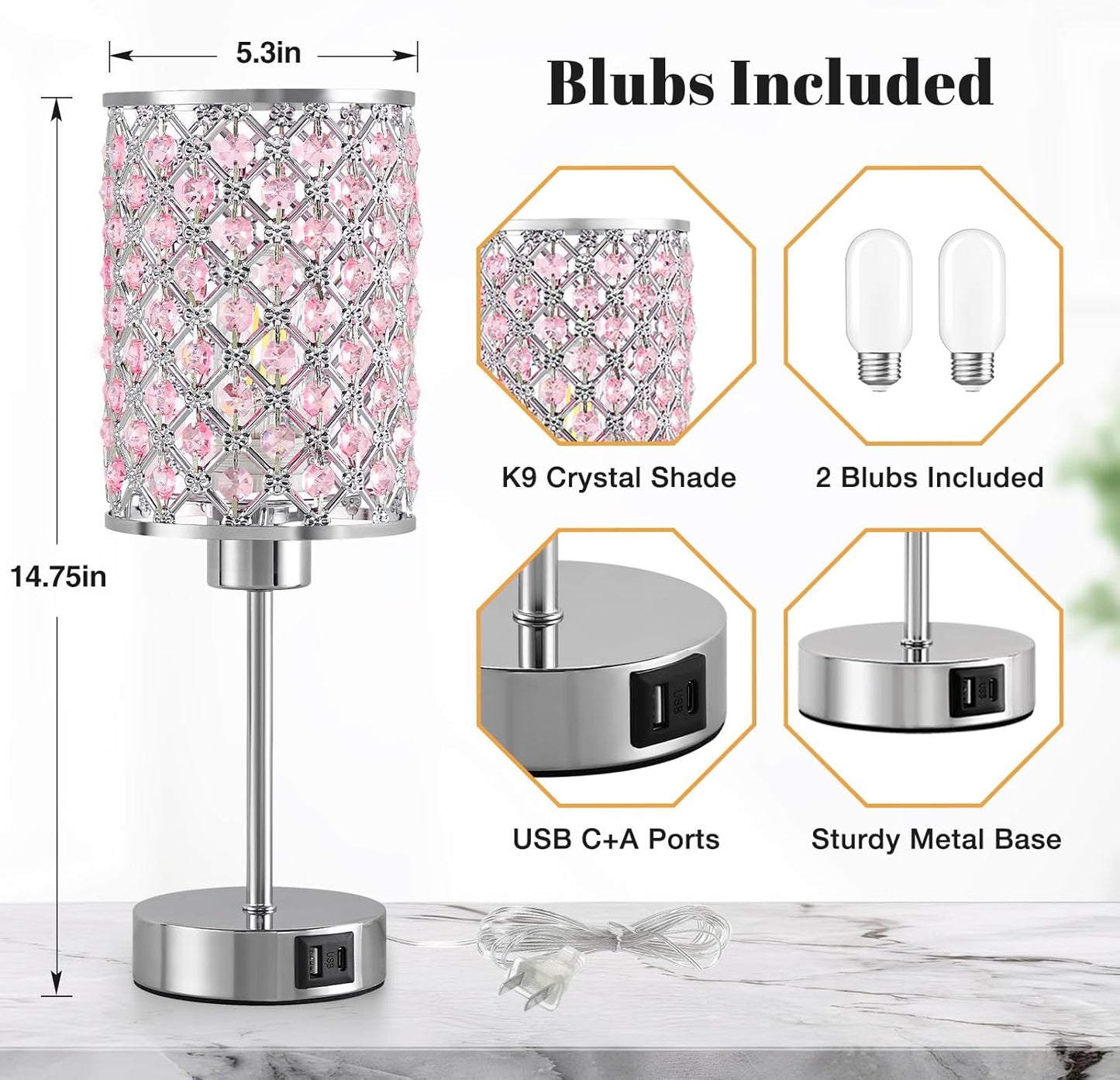 GyroVu Pink Crystal Table Lamp, Touch Control Bedside Lamps with USB-C+A Charging Ports, Dimmable Nightstand Small Desk Lamp Set of 2 for Girl Bedroom, Living Room, Office(Buld Included)