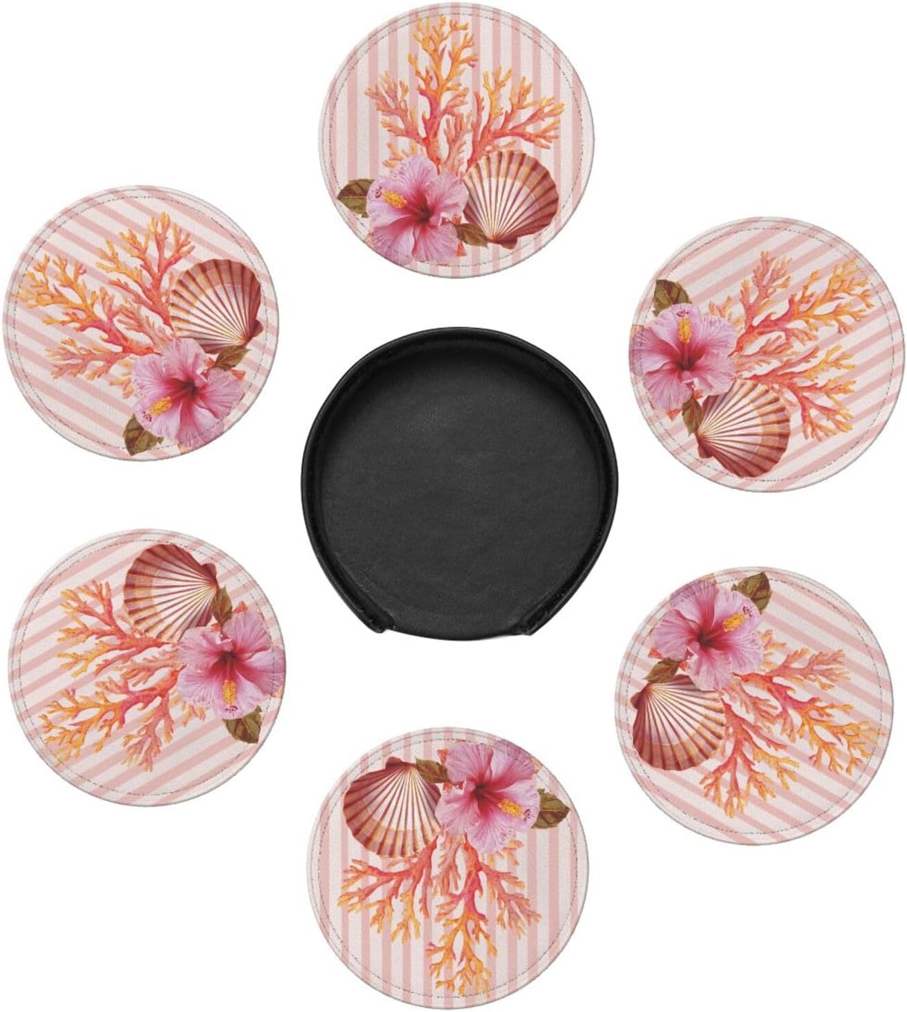 Light Pink Scallop Shell Hibiscus Flower Premium Leather Coasters, Set of 6 with Holder, Stylish Beverage Coasters for Kitchen Coffee Bar