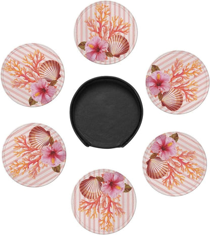 Light Pink Scallop Shell Hibiscus Flower Premium Leather Coasters, Set of 6 with Holder, Stylish Beverage Coasters for Kitchen Coffee Bar